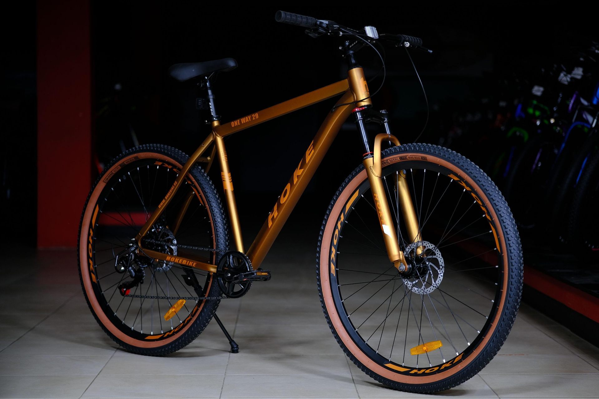 Обод 29 ALLOY двойной усиленный высокий, втулки алюминиевые на промподшипниках
 HOKE ONE WAY 29 матовый коричневый-золотой 21